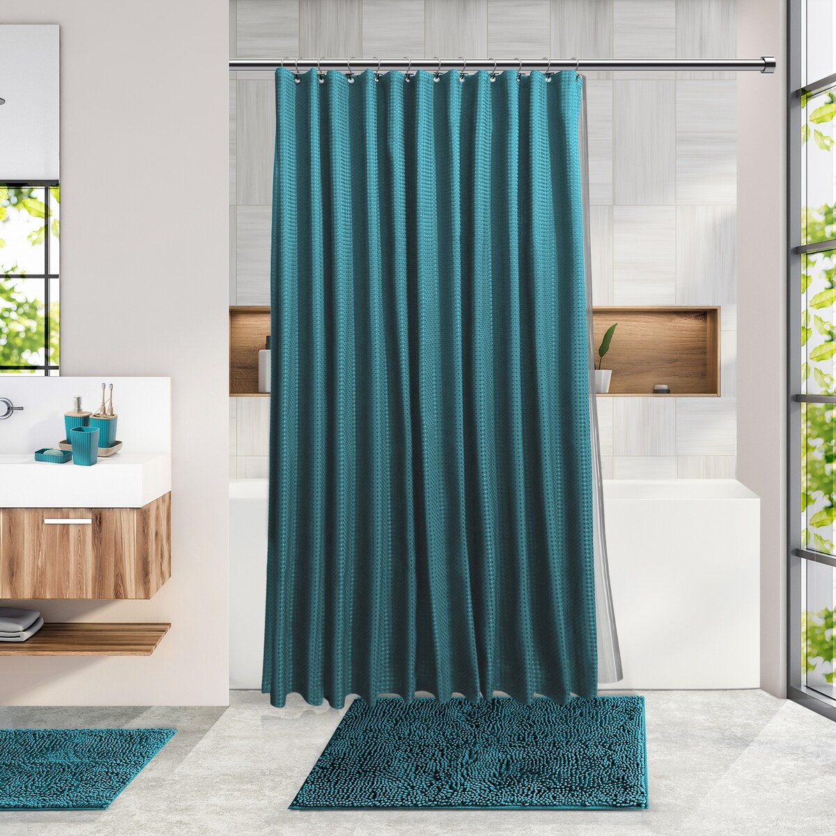 Clara Clark Bamboo Bathroom Accessories Set with Shower Curtain Set, Toilet Brush, Trash Can & Soap Dispenser