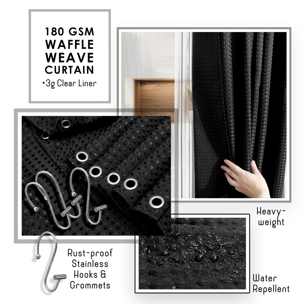 Clara Clark Bamboo Bathroom Accessories Set with Shower Curtain Set, Toilet Brush, Trash Can & Soap Dispenser
