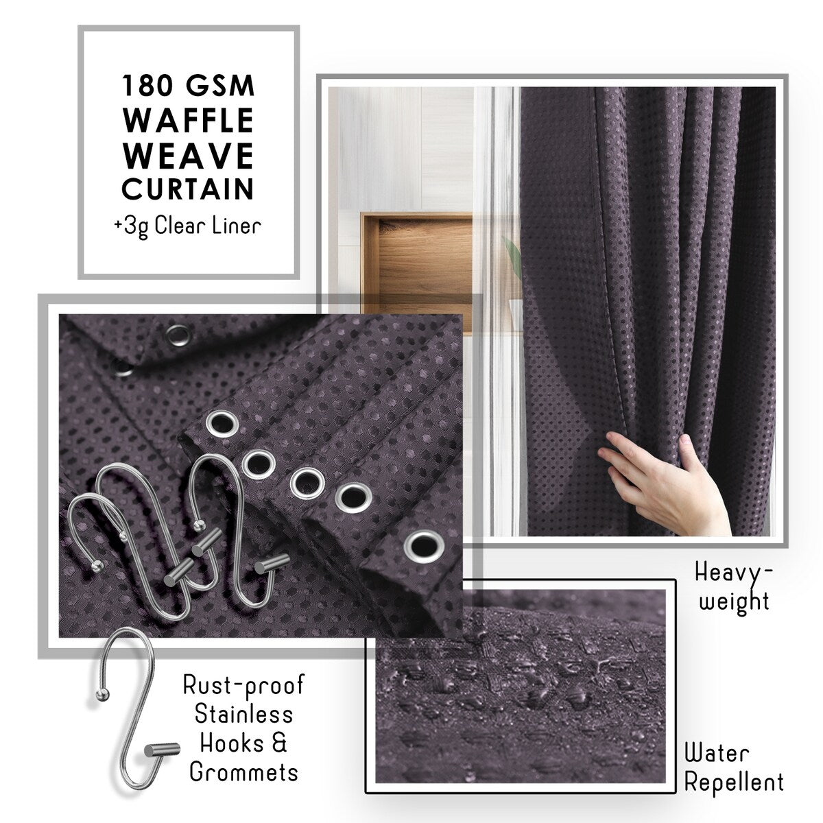 Clara Clark Bamboo Bathroom Accessories Set with Shower Curtain Set, Toilet Brush, Trash Can & Soap Dispenser