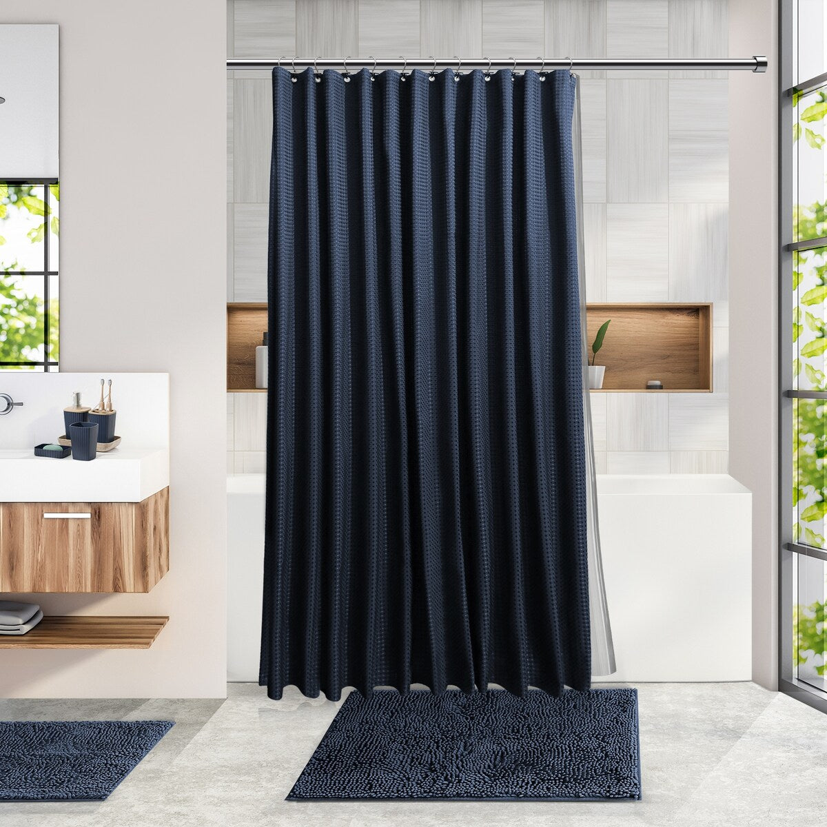 Clara Clark Bamboo Bathroom Accessories Set with Shower Curtain Set, Toilet Brush, Trash Can & Soap Dispenser