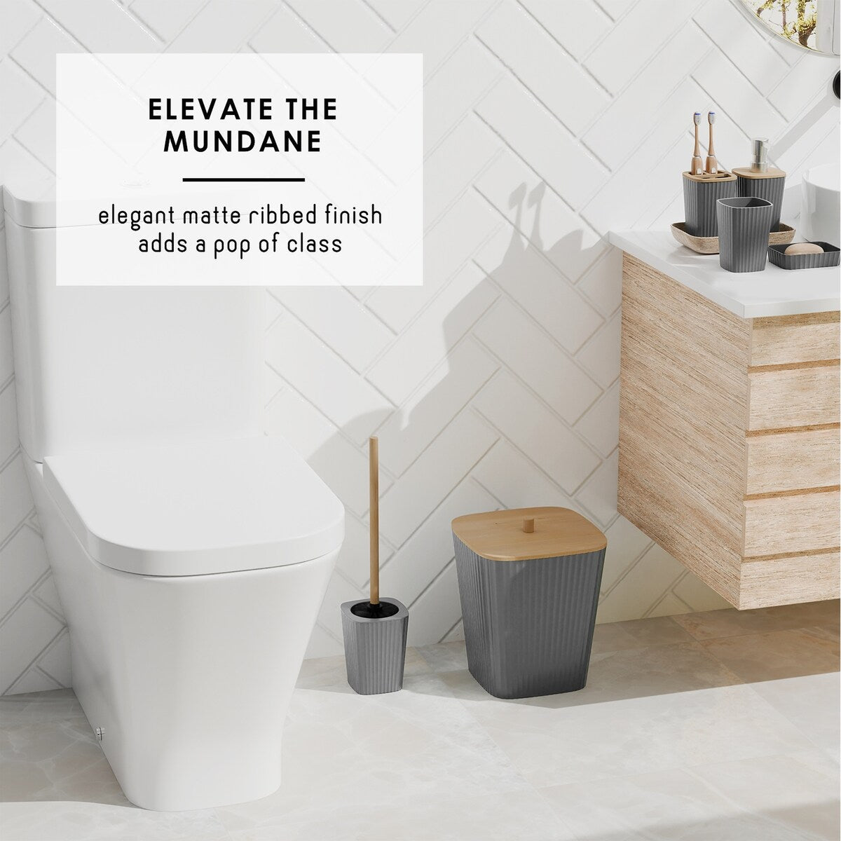 Clara Clark Bamboo Bathroom Accessories Set with Shower Curtain Set, Toilet Brush, Trash Can & Soap Dispenser