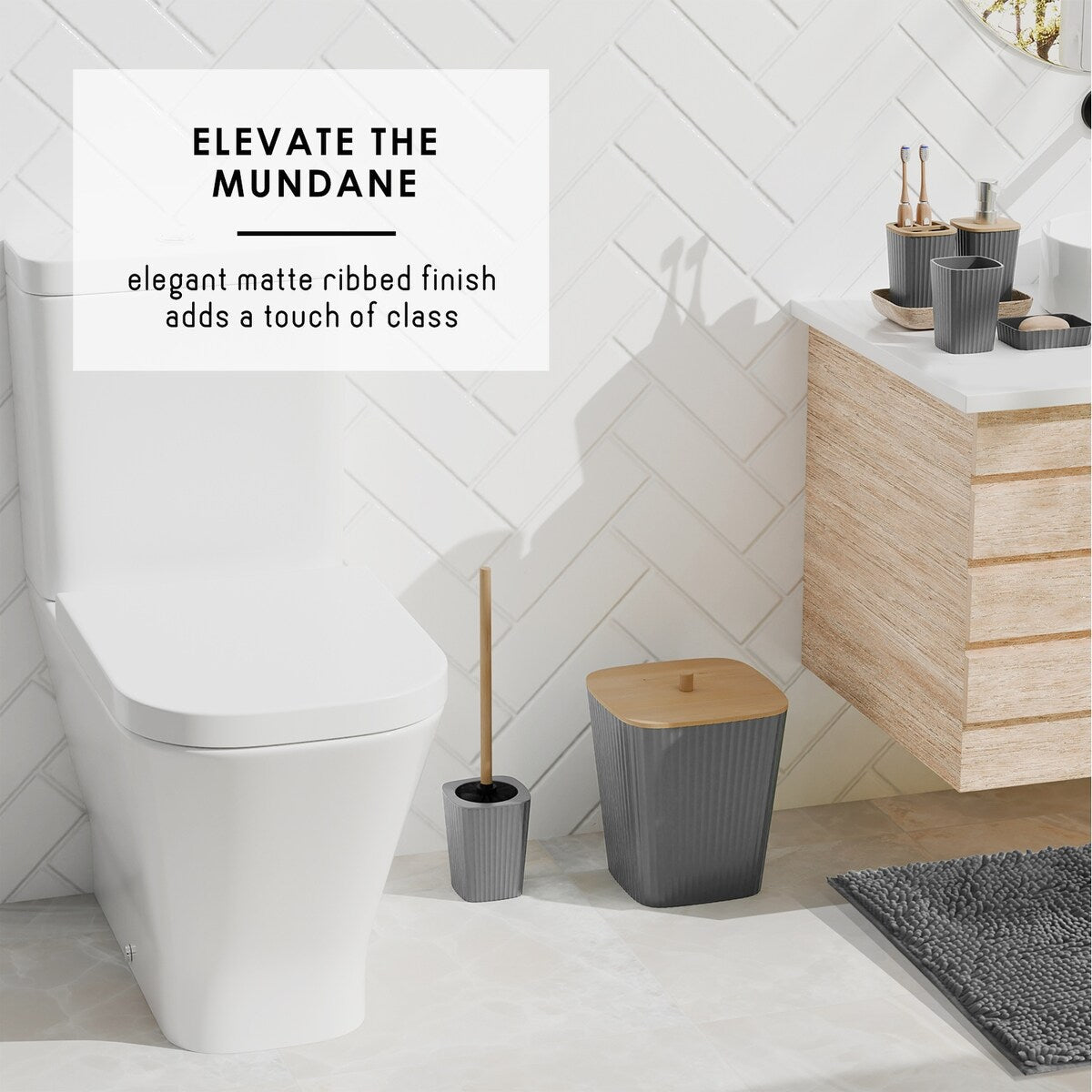 Clara Clark Bamboo Bathroom Accessories Set with Shower Curtain Set, Toilet Brush, Trash Can & Soap Dispenser