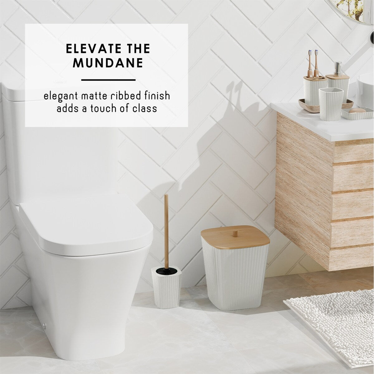 Clara Clark Bamboo Bathroom Accessories Set with Shower Curtain Set, Toilet Brush, Trash Can & Soap Dispenser