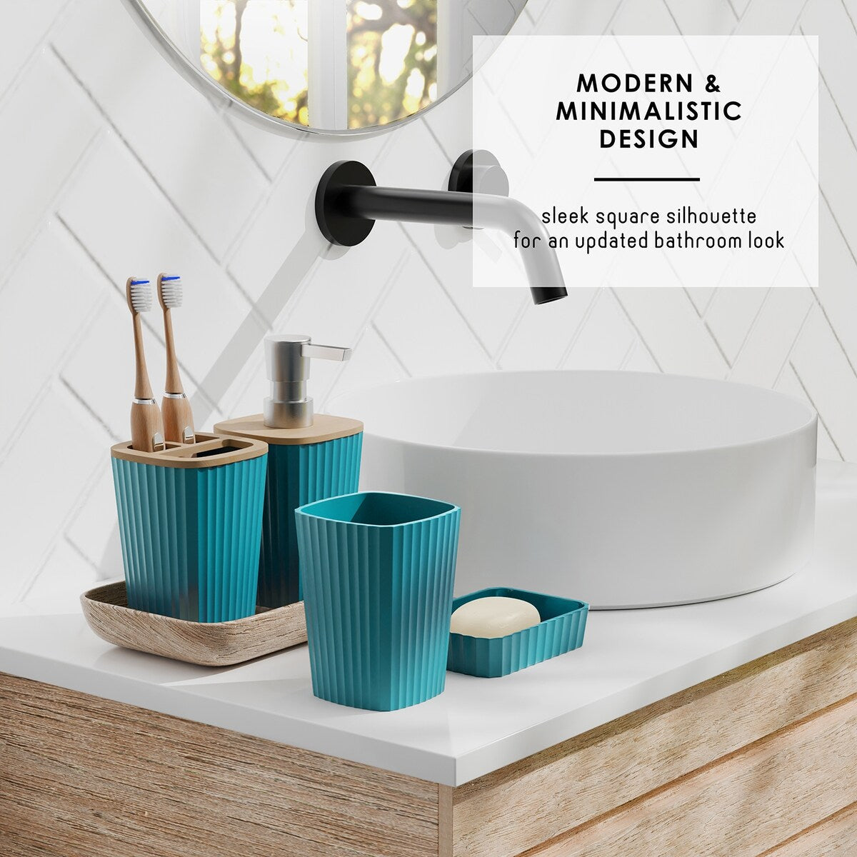 Clara Clark Bamboo Bathroom Accessories Set with Shower Curtain Set, Toilet Brush, Trash Can & Soap Dispenser