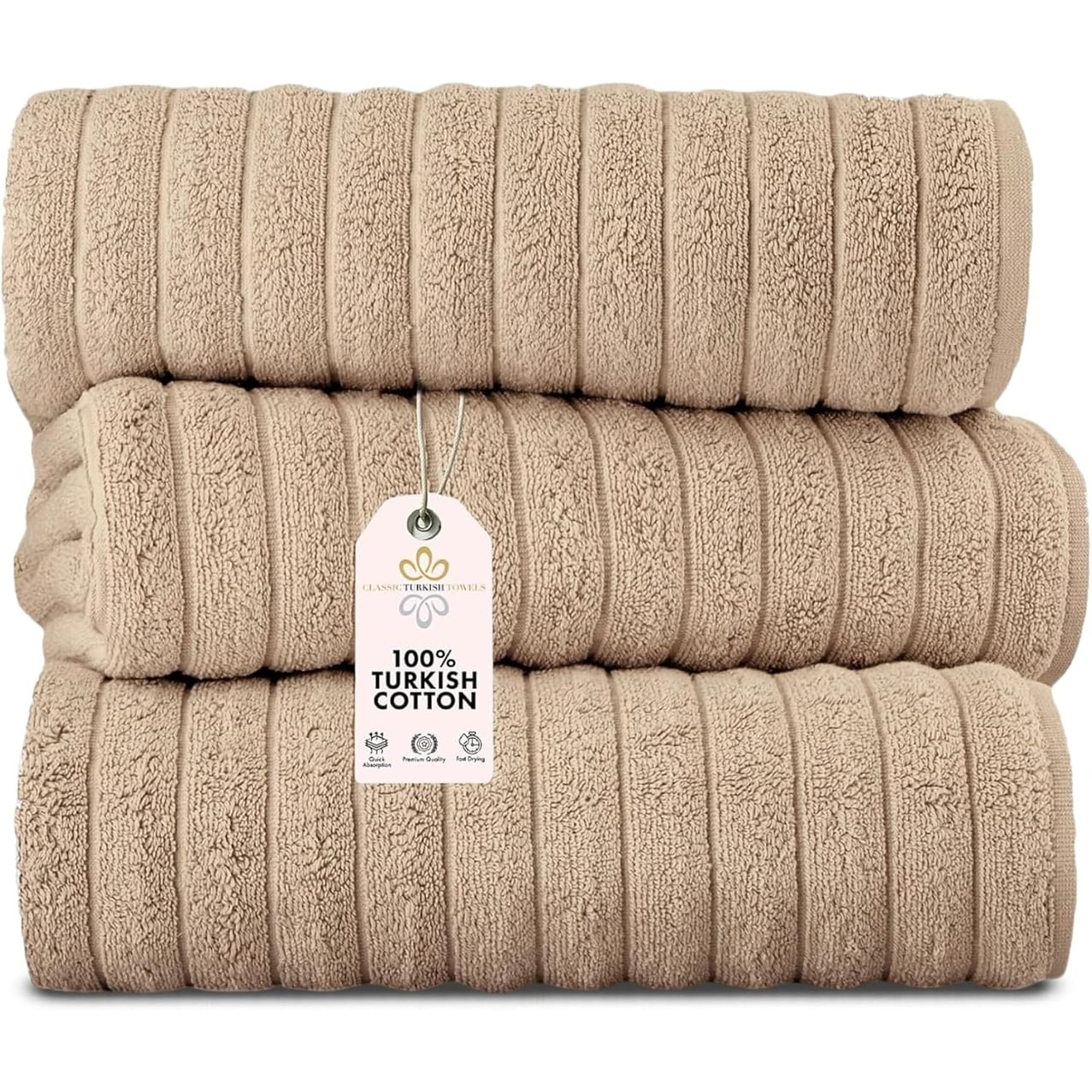 Classic Turkish Towels Cotton Bath Sheets Set & Oversized Ribbed Towels, Ultra-Soft & Absorbent & Set of 3 - 40x65