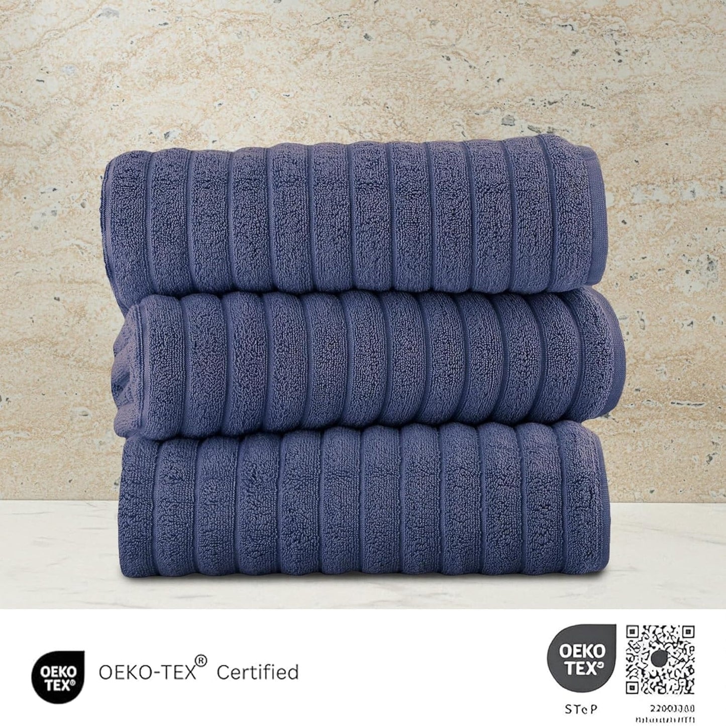 Classic Turkish Towels Cotton Bath Sheets Set & Oversized Ribbed Towels, Ultra-Soft & Absorbent & Set of 3 - 40x65