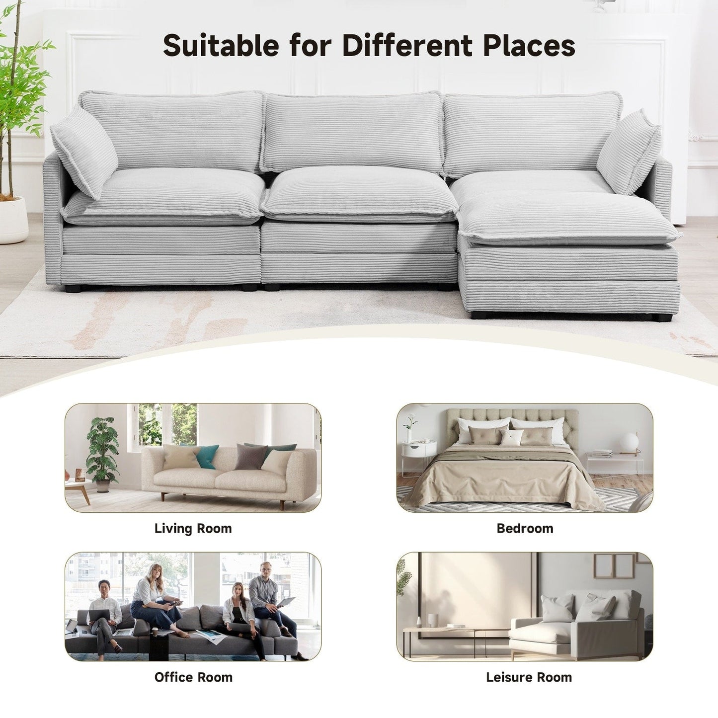 Canapé sectionnel en velours côtelé avec poufs amovibles et coussins ultra-doux pour salon et chambre
