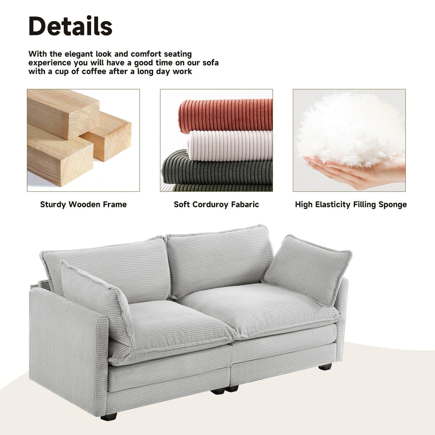Canapé sectionnel en velours côtelé avec poufs amovibles et coussins ultra-doux pour salon et chambre