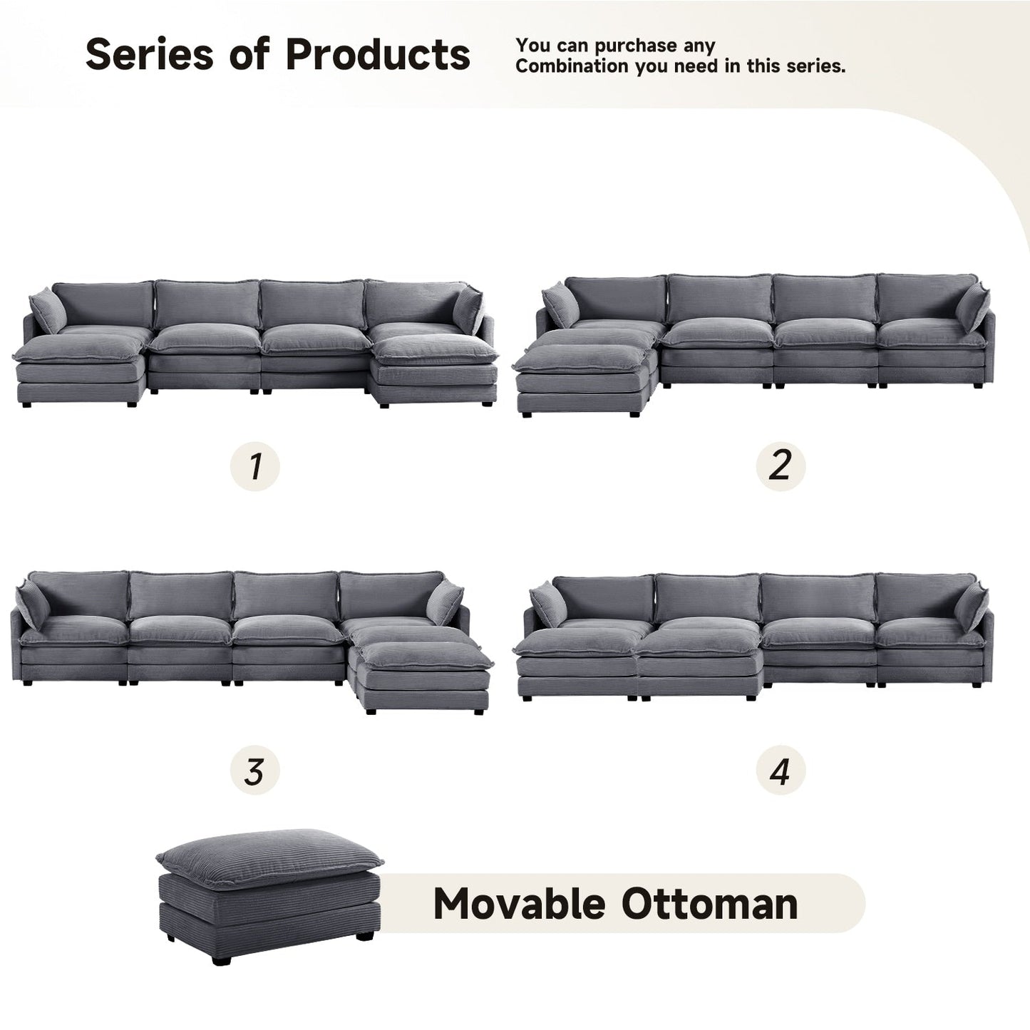 Canapé sectionnel en velours côtelé avec poufs amovibles et coussins ultra-doux pour salon et chambre
