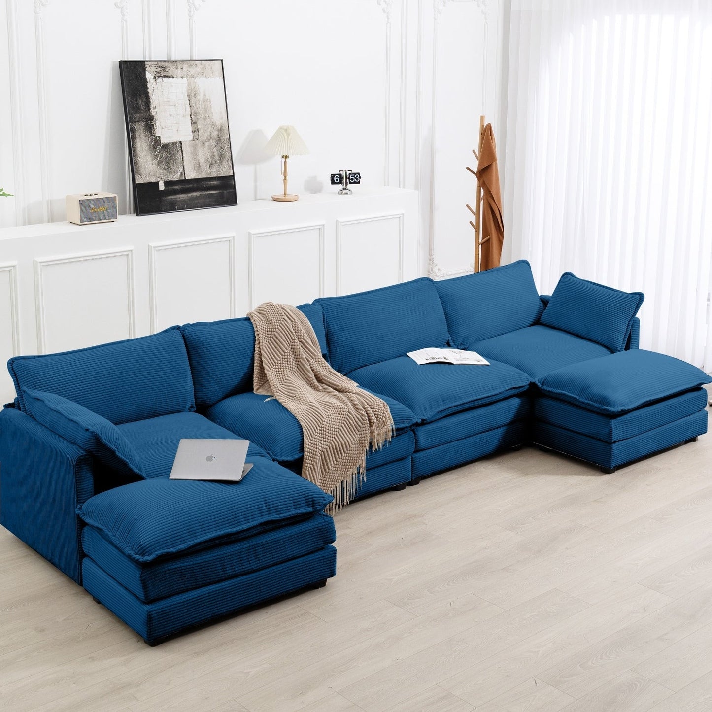 Canapé sectionnel en velours côtelé avec poufs amovibles et coussins ultra-doux pour salon et chambre