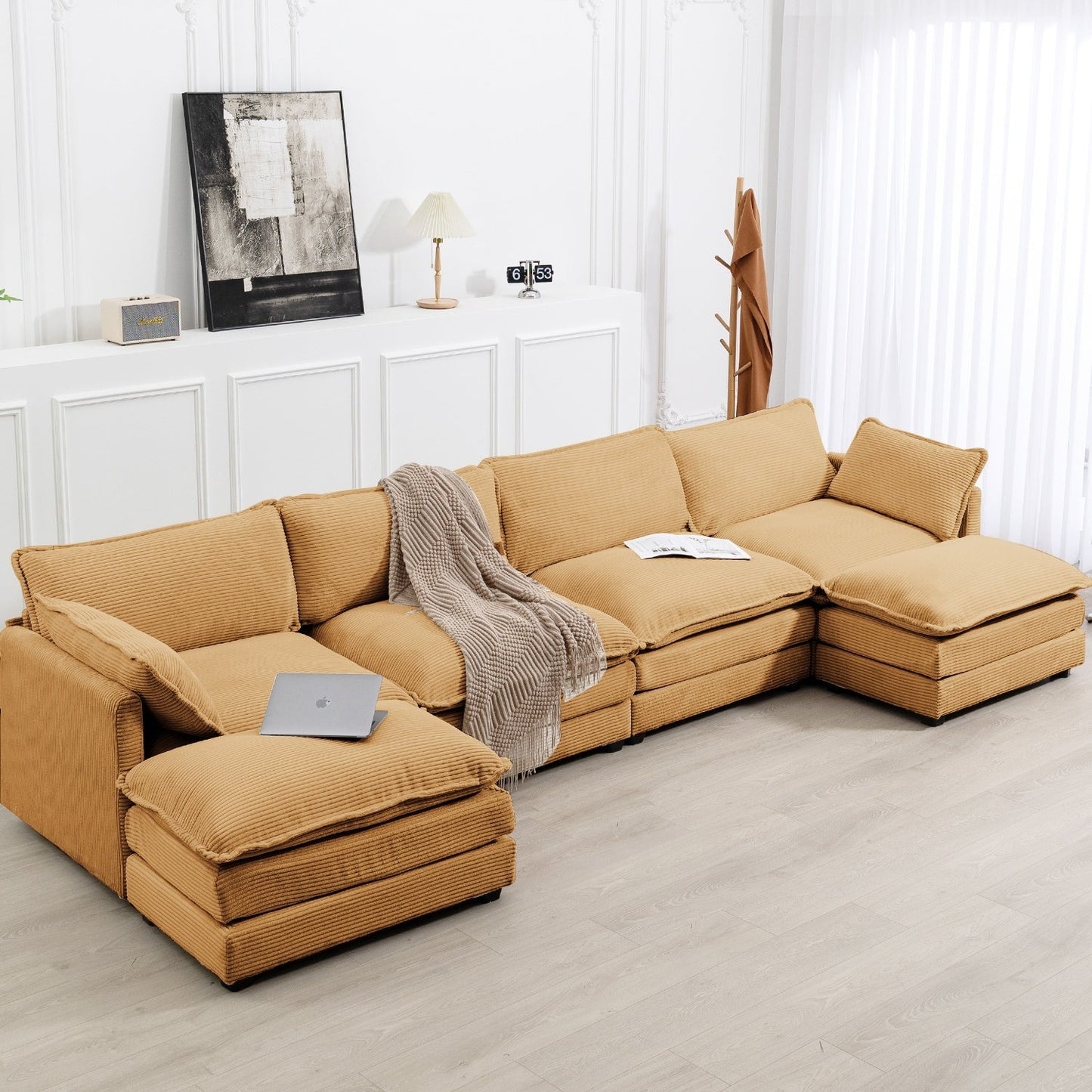 Canapé sectionnel en velours côtelé avec poufs amovibles et coussins ultra-doux pour salon et chambre