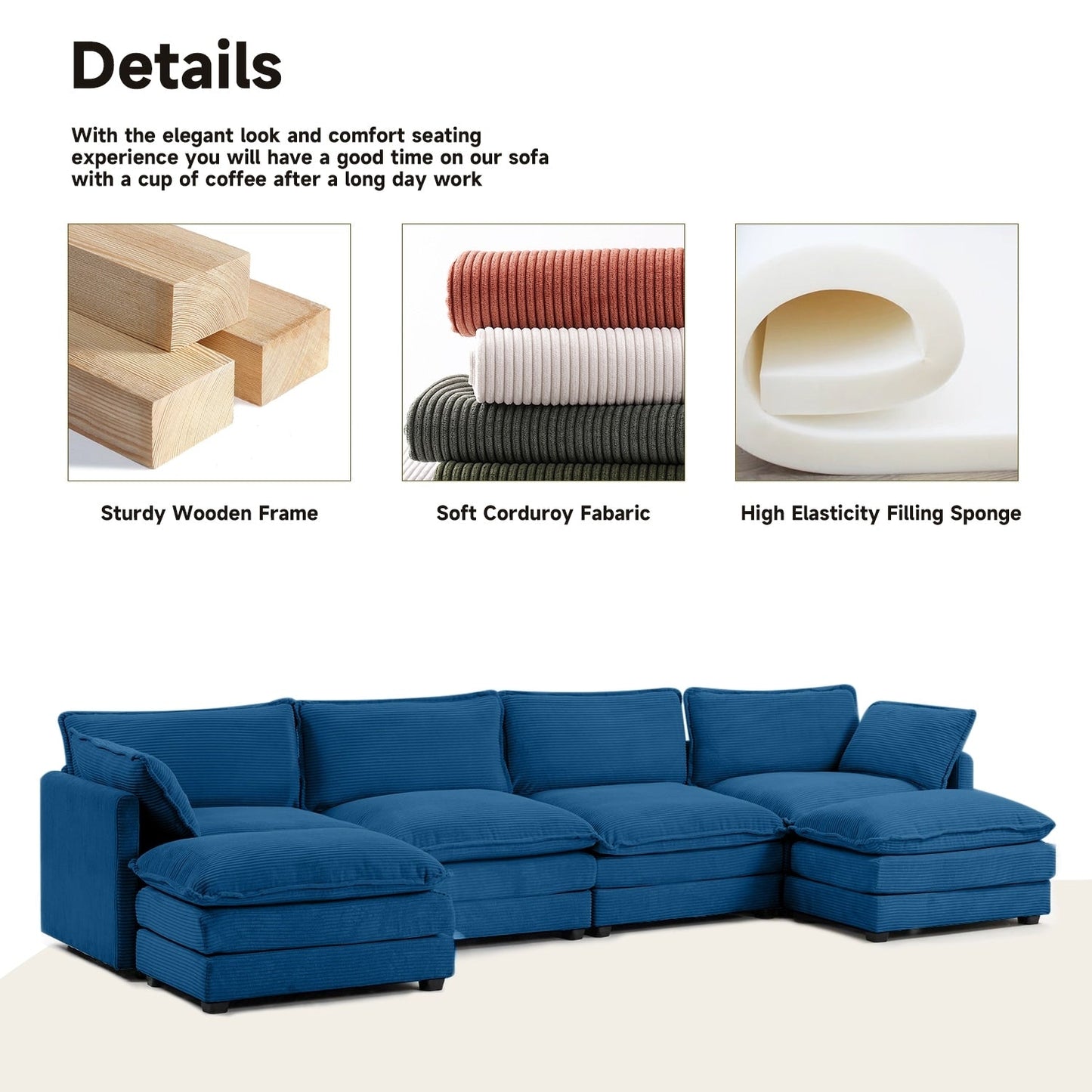 Canapé sectionnel en velours côtelé avec poufs amovibles et coussins ultra-doux pour salon et chambre