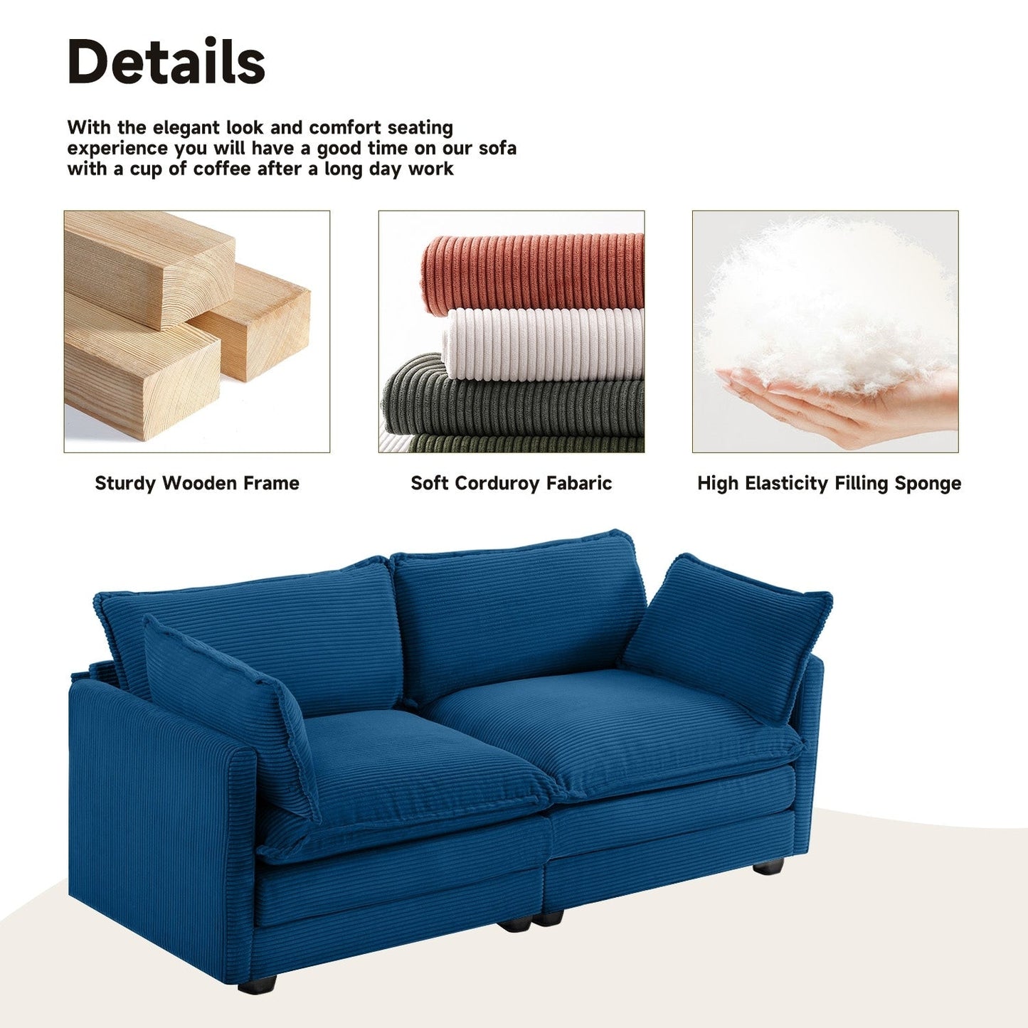 Canapé sectionnel en velours côtelé avec poufs amovibles et coussins ultra-doux pour salon et chambre