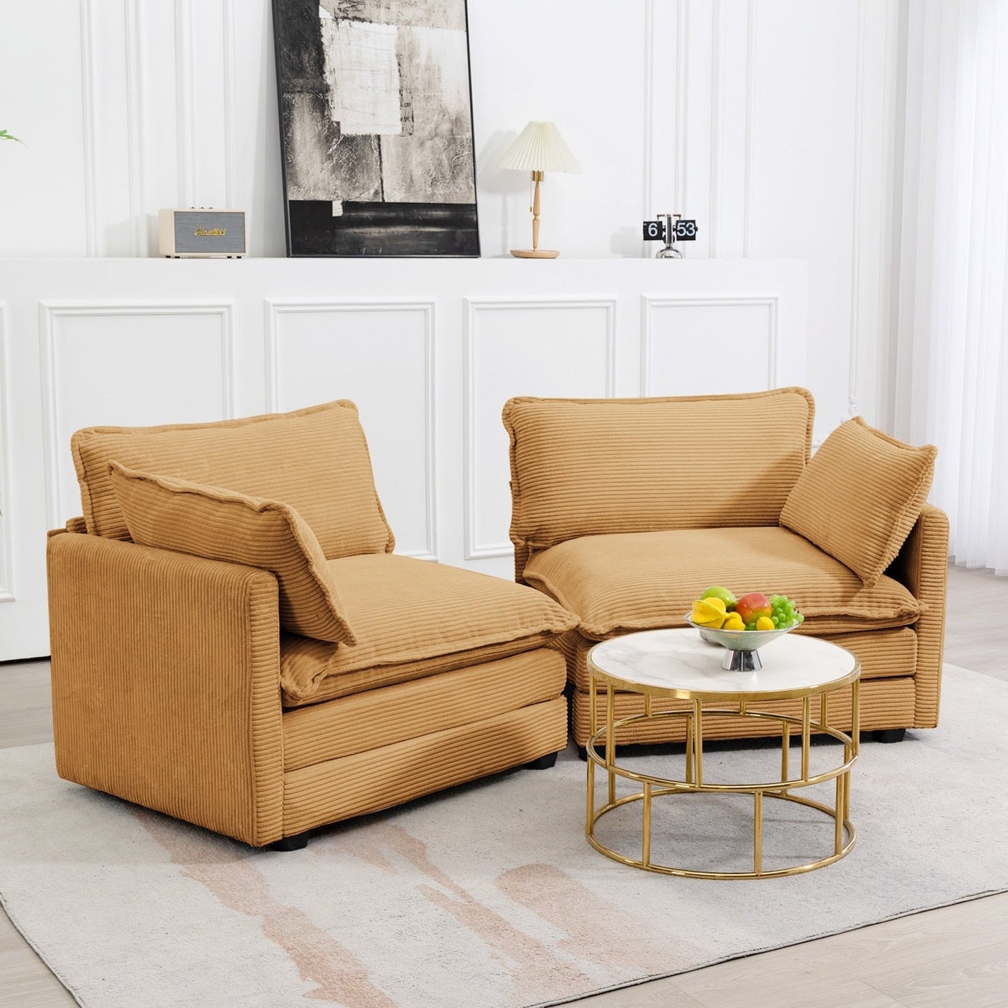 Canapé sectionnel en velours côtelé avec poufs amovibles et coussins ultra-doux pour salon et chambre