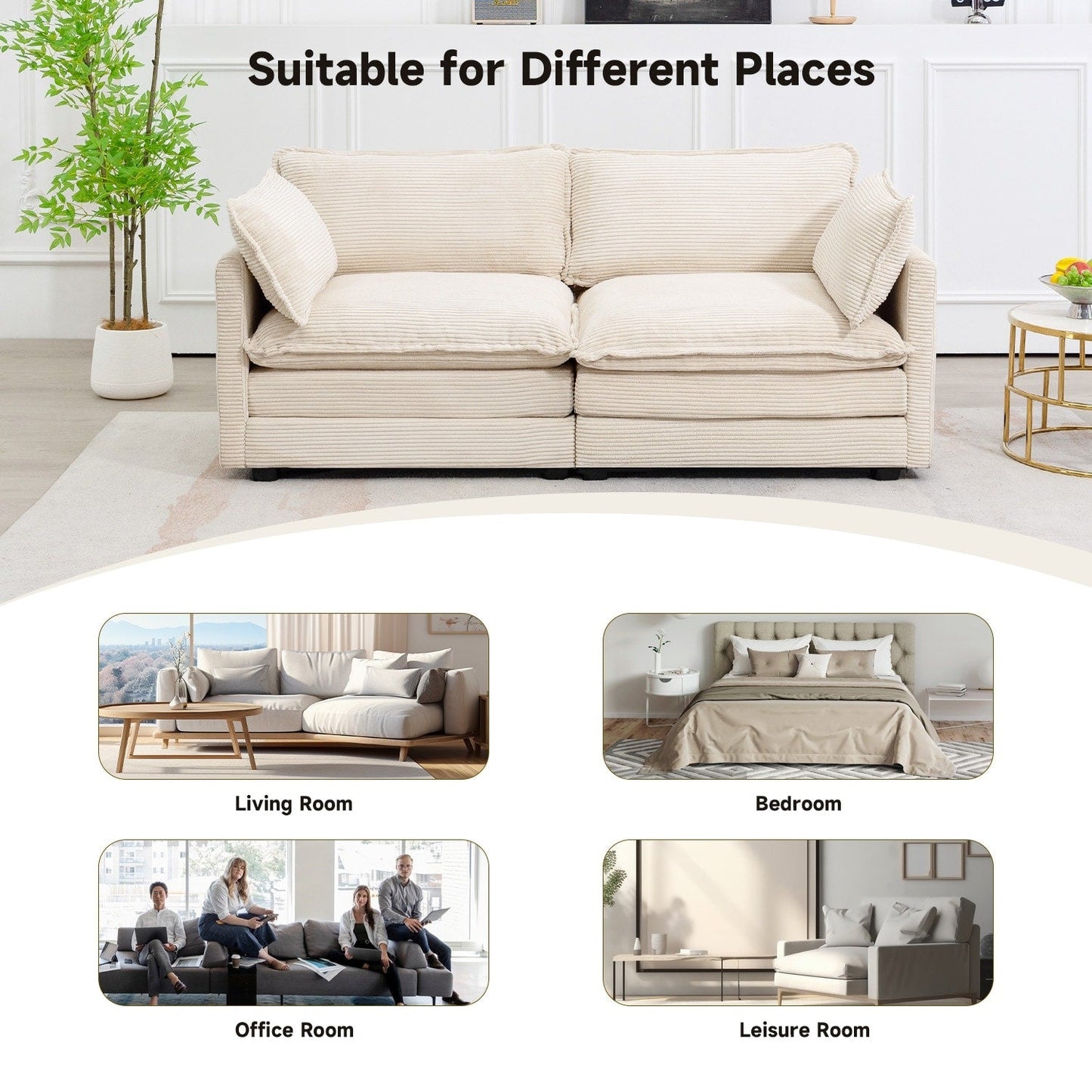 Canapé sectionnel en velours côtelé avec poufs amovibles et coussins ultra-doux pour salon et chambre