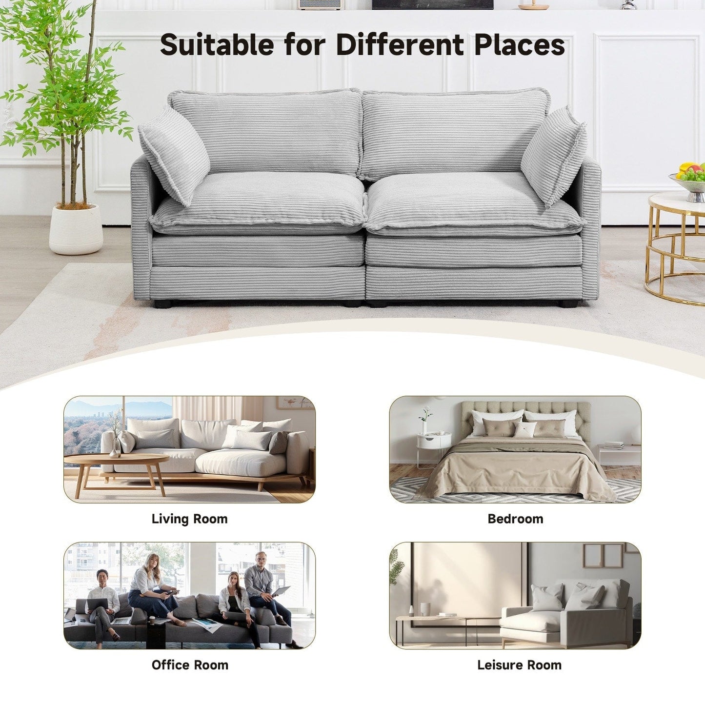 Canapé sectionnel en velours côtelé avec poufs amovibles et coussins ultra-doux pour salon et chambre