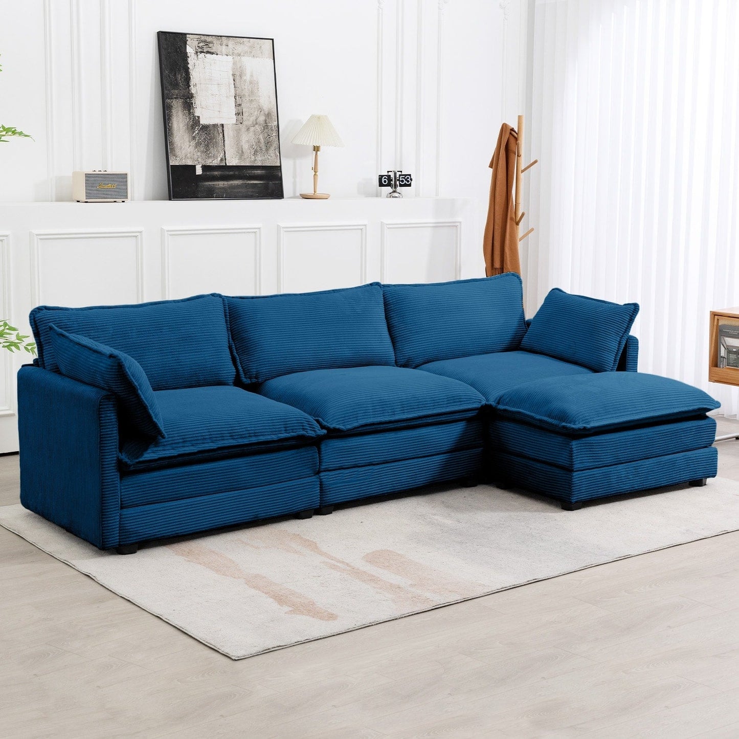 Canapé sectionnel en velours côtelé avec poufs amovibles et coussins ultra-doux pour salon et chambre
