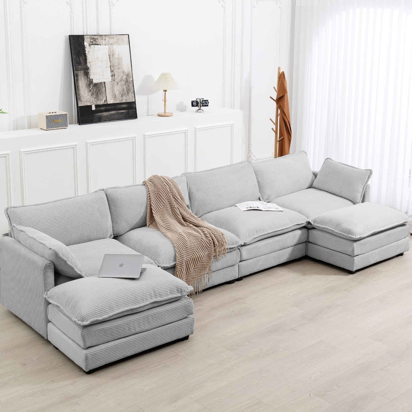 Canapé sectionnel en velours côtelé avec poufs amovibles et coussins ultra-doux pour salon et chambre