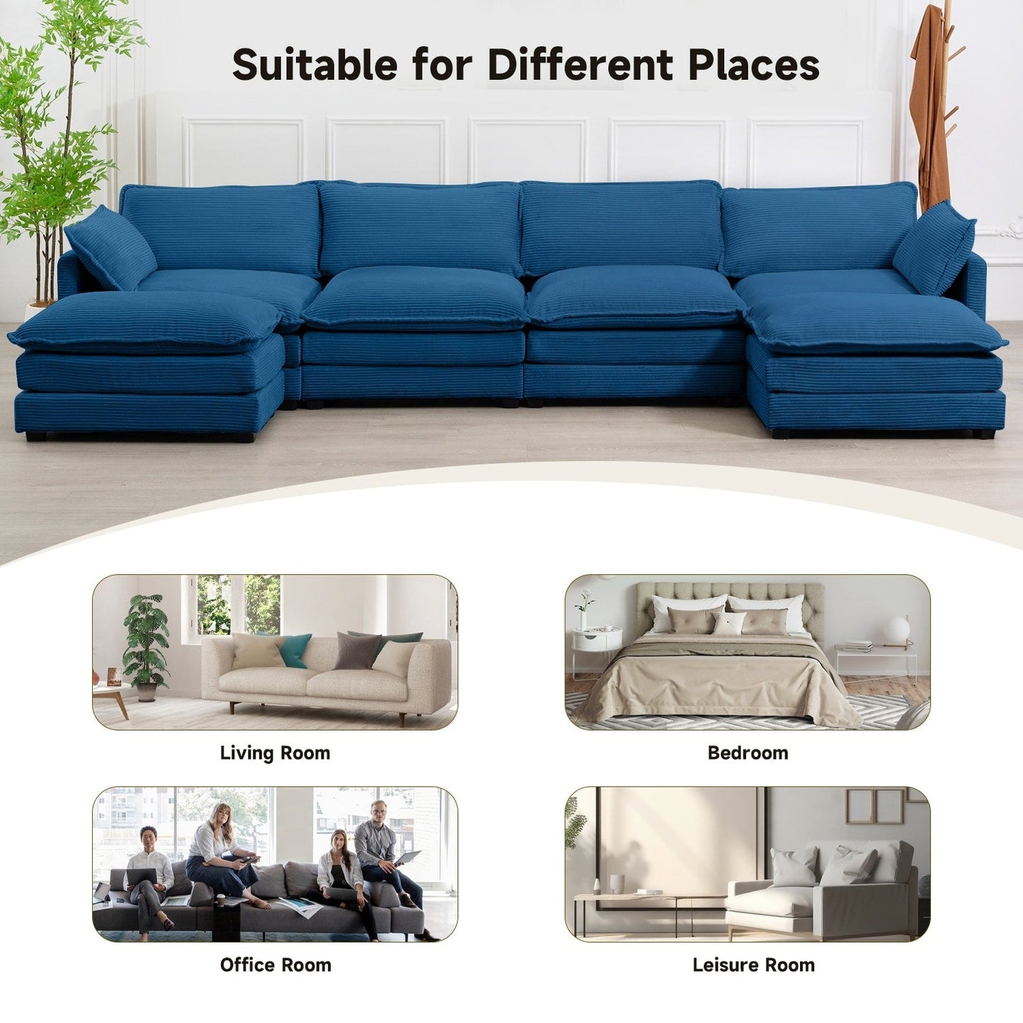 Canapé sectionnel en velours côtelé avec poufs amovibles et coussins ultra-doux pour salon et chambre