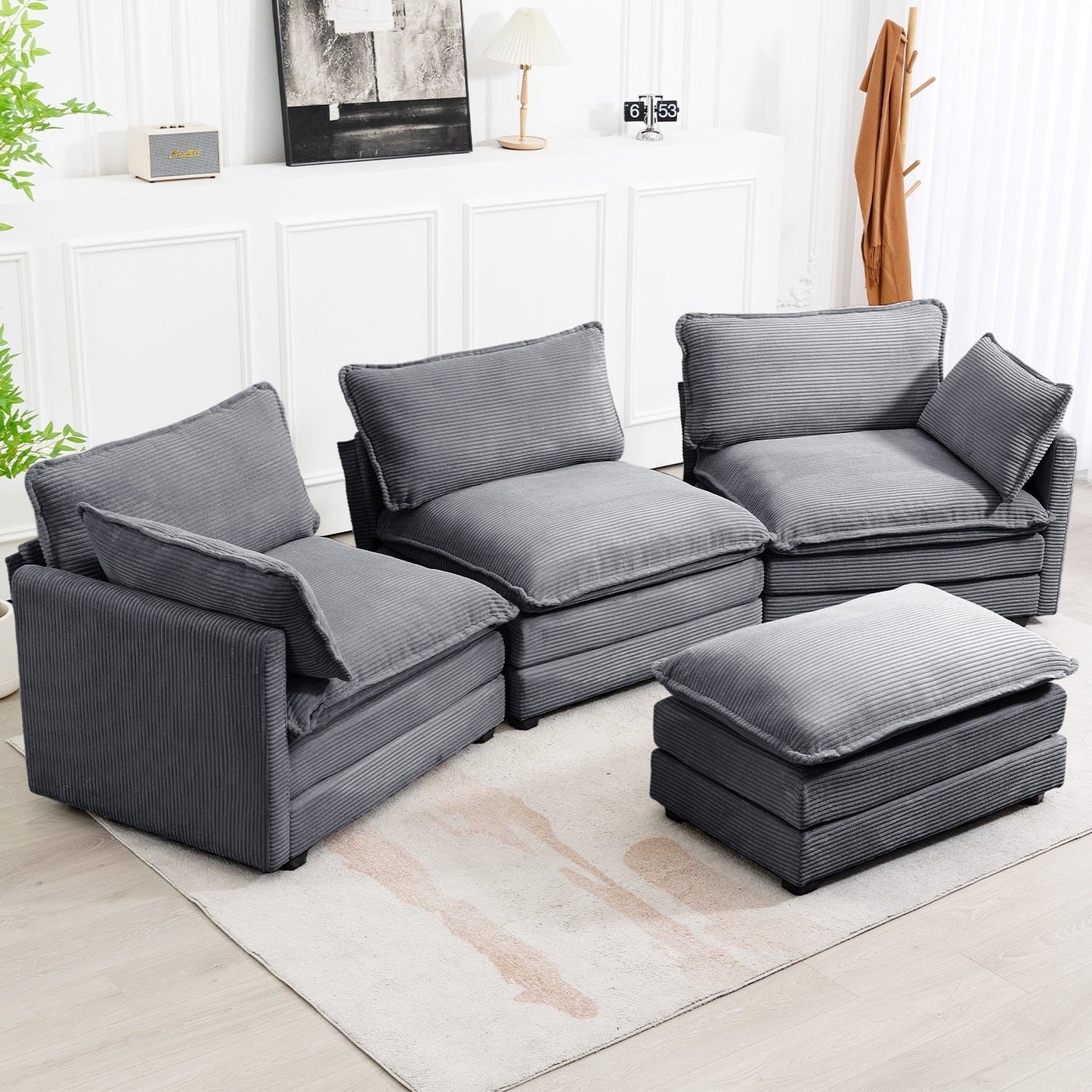 Canapé sectionnel en velours côtelé avec poufs amovibles et coussins ultra-doux pour salon et chambre