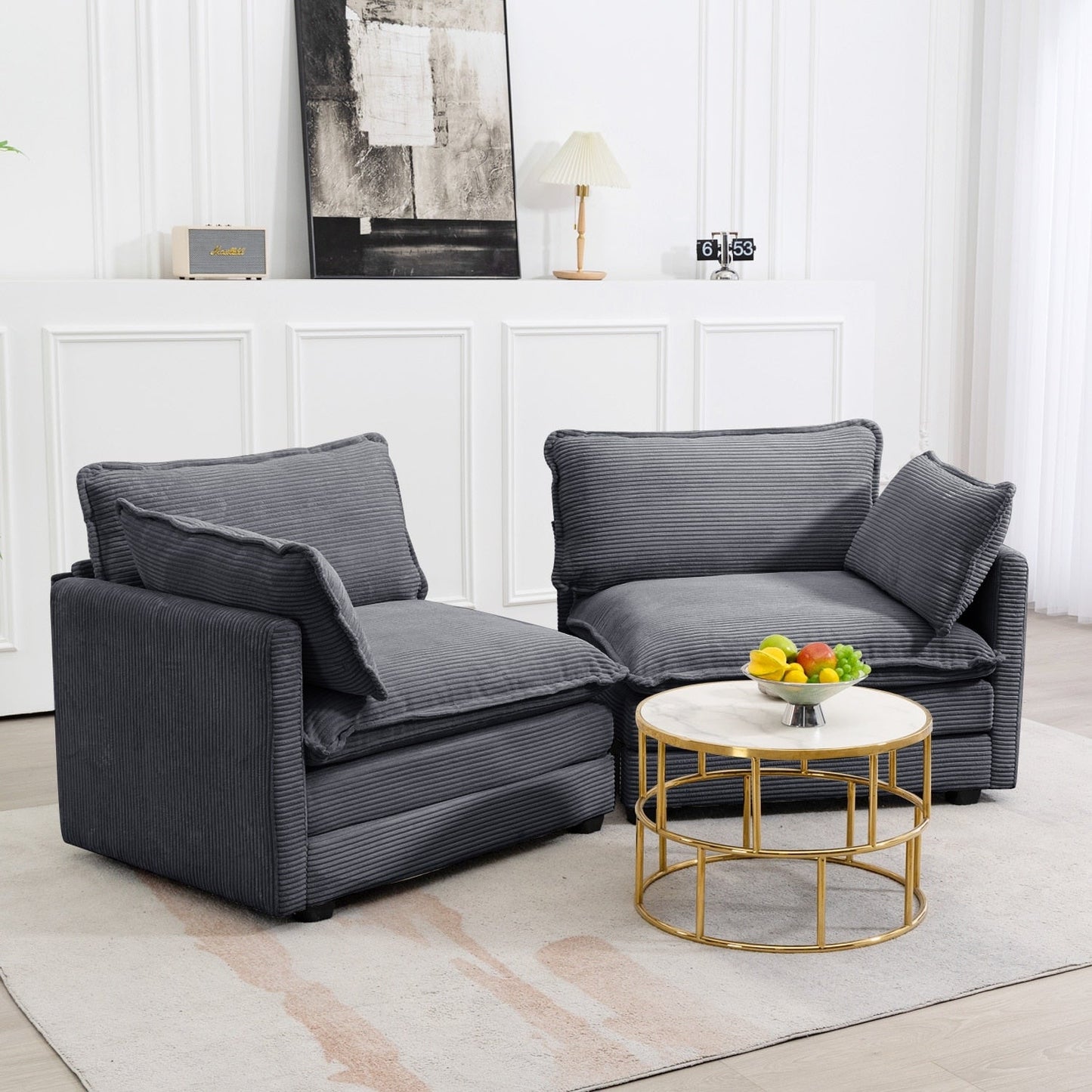 Canapé sectionnel en velours côtelé avec poufs amovibles et coussins ultra-doux pour salon et chambre