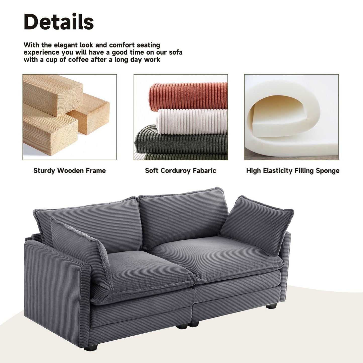 Canapé sectionnel en velours côtelé avec poufs amovibles et coussins ultra-doux pour salon et chambre