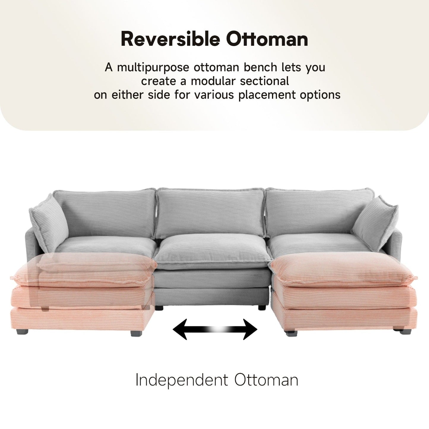 Canapé sectionnel en velours côtelé avec poufs amovibles et coussins ultra-doux pour salon et chambre