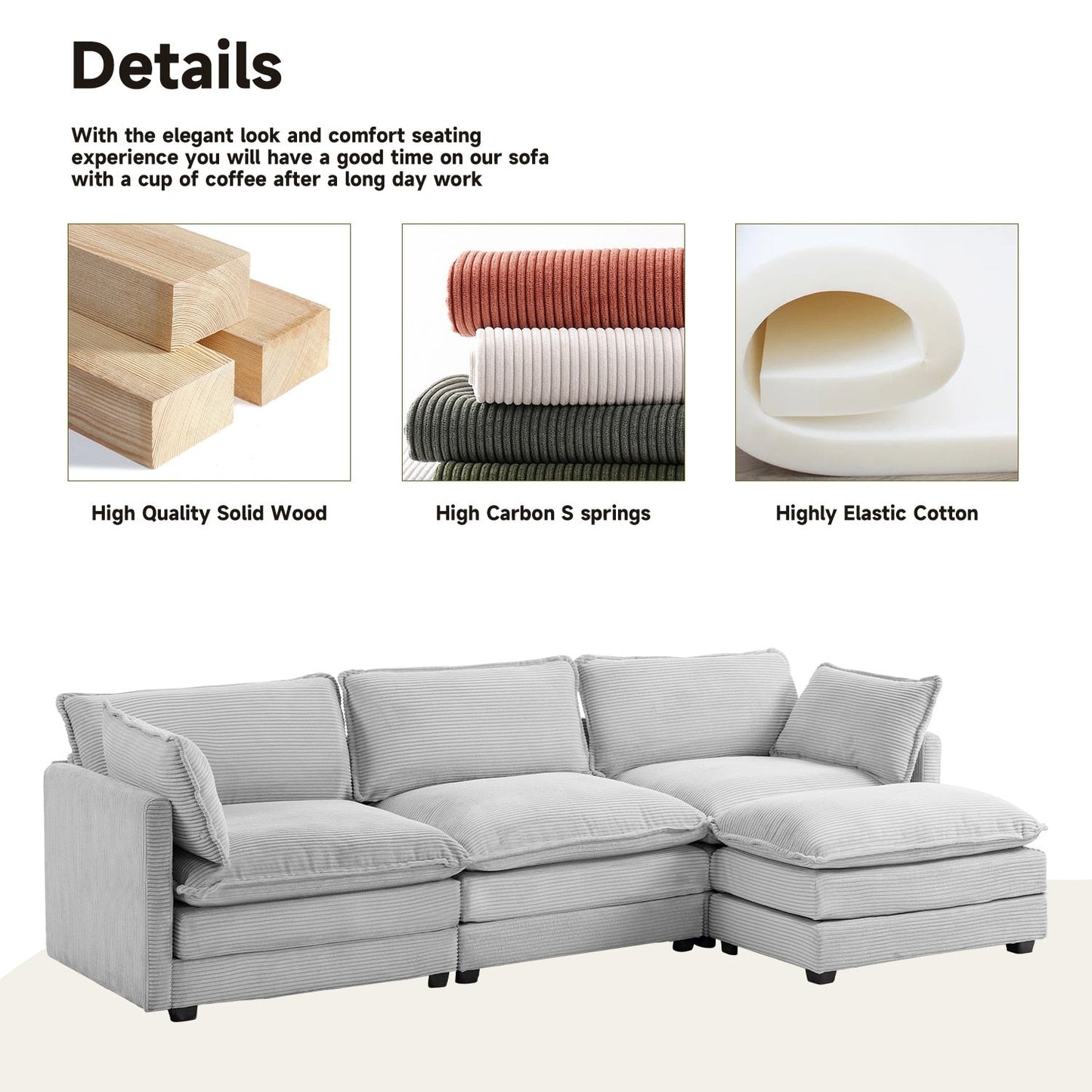 Canapé sectionnel en velours côtelé avec poufs amovibles et coussins ultra-doux pour salon et chambre