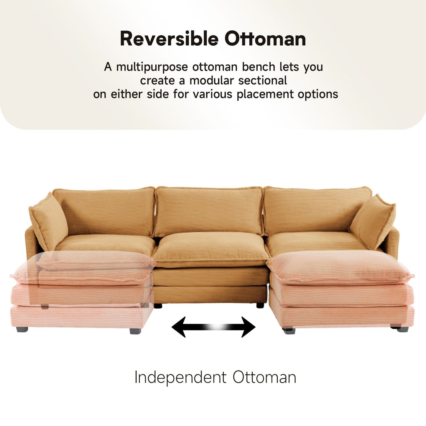 Canapé sectionnel en velours côtelé avec poufs amovibles et coussins ultra-doux pour salon et chambre