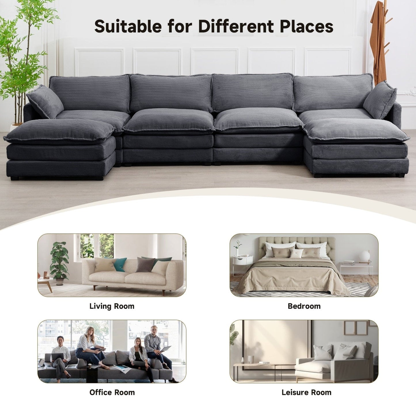 Canapé sectionnel en velours côtelé avec poufs amovibles et coussins ultra-doux pour salon et chambre