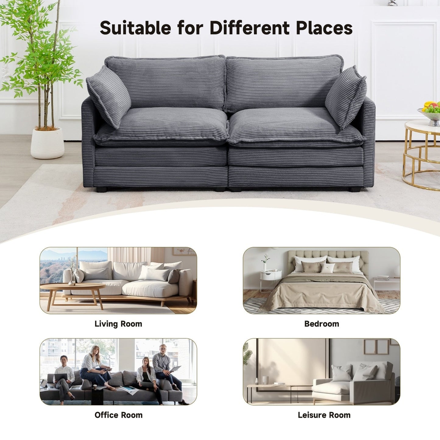 Canapé sectionnel en velours côtelé avec poufs amovibles et coussins ultra-doux pour salon et chambre