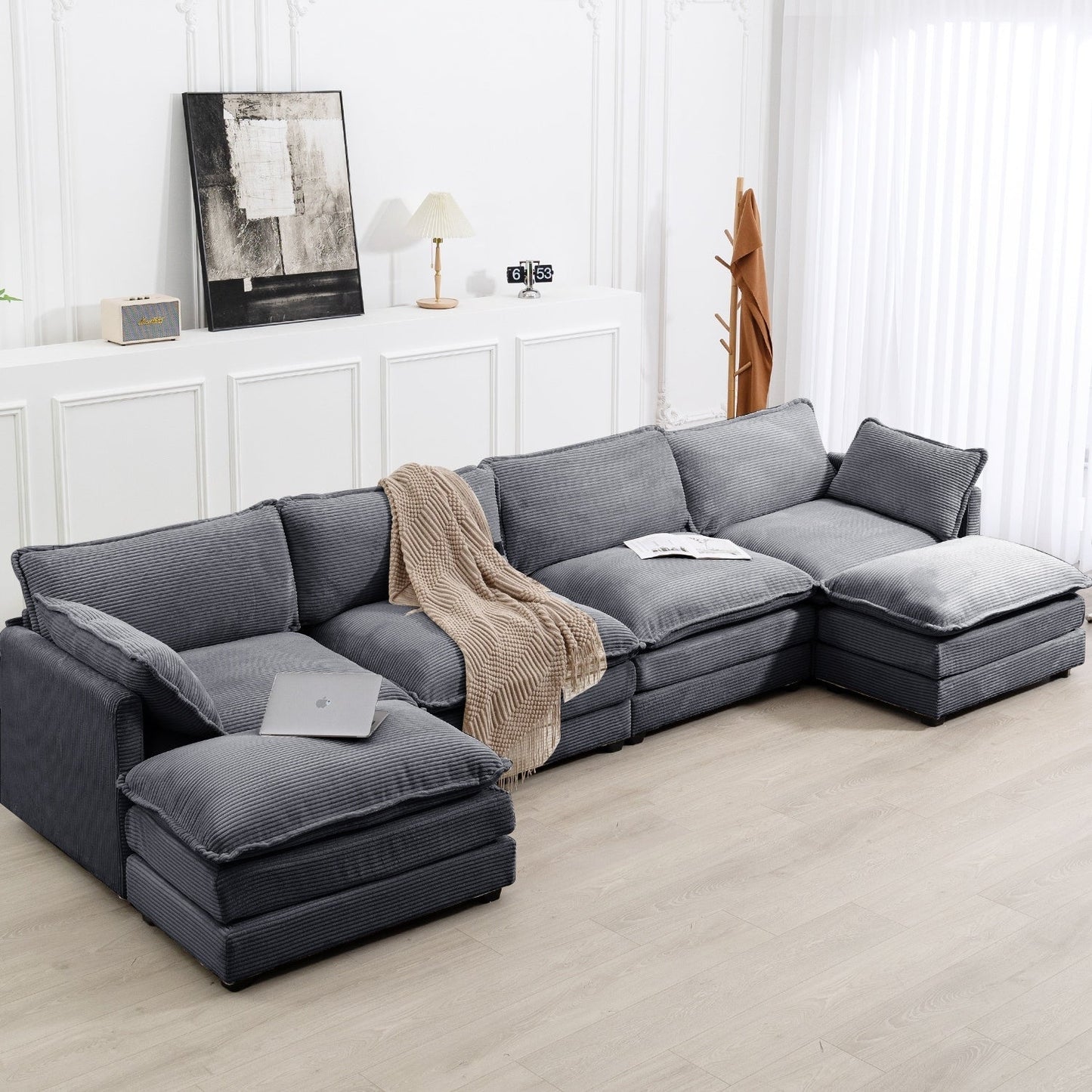 Canapé sectionnel en velours côtelé avec poufs amovibles et coussins ultra-doux pour salon et chambre