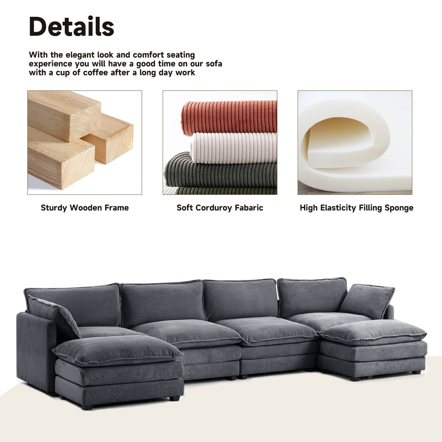 Canapé sectionnel en velours côtelé avec poufs amovibles et coussins ultra-doux pour salon et chambre