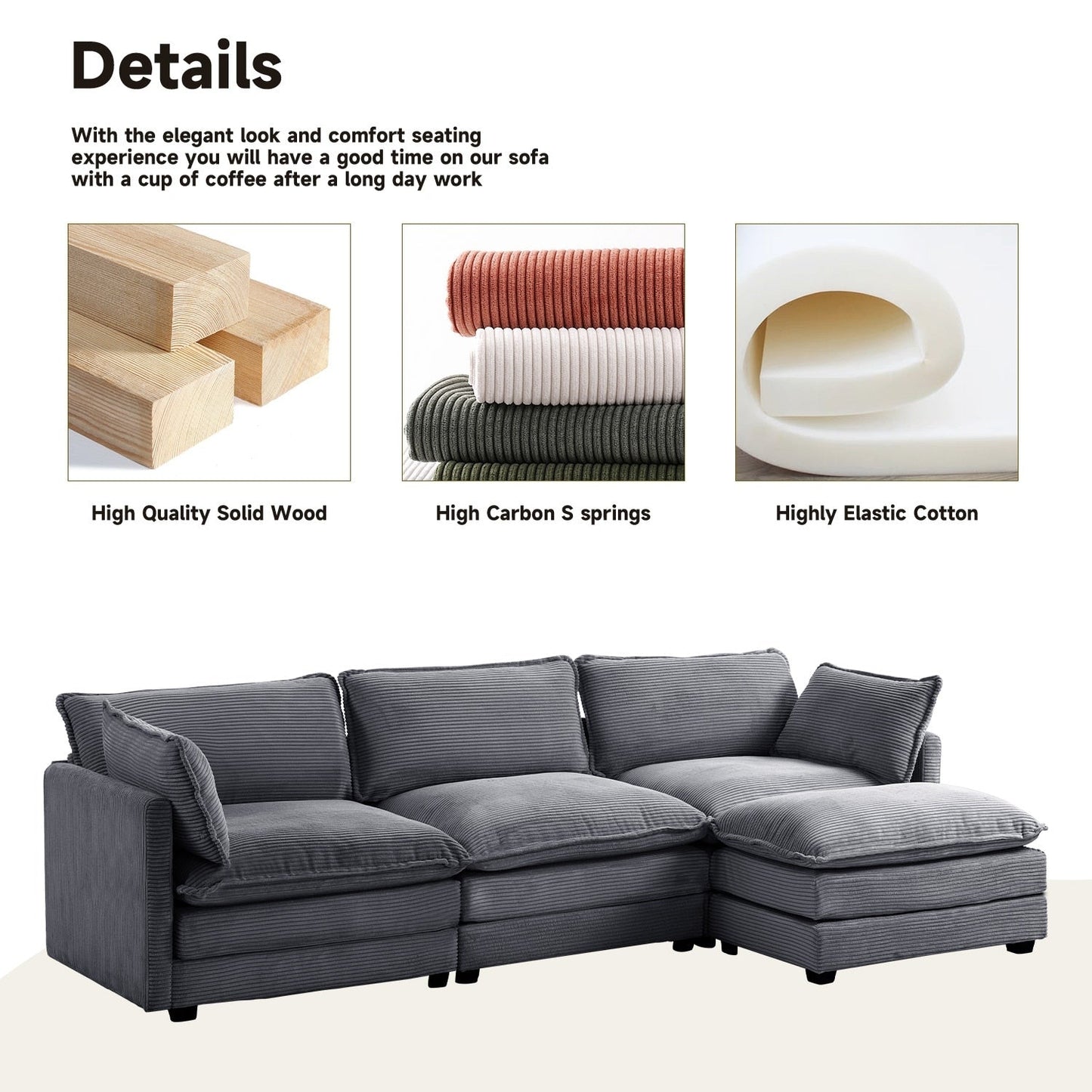 Canapé sectionnel en velours côtelé avec poufs amovibles et coussins ultra-doux pour salon et chambre