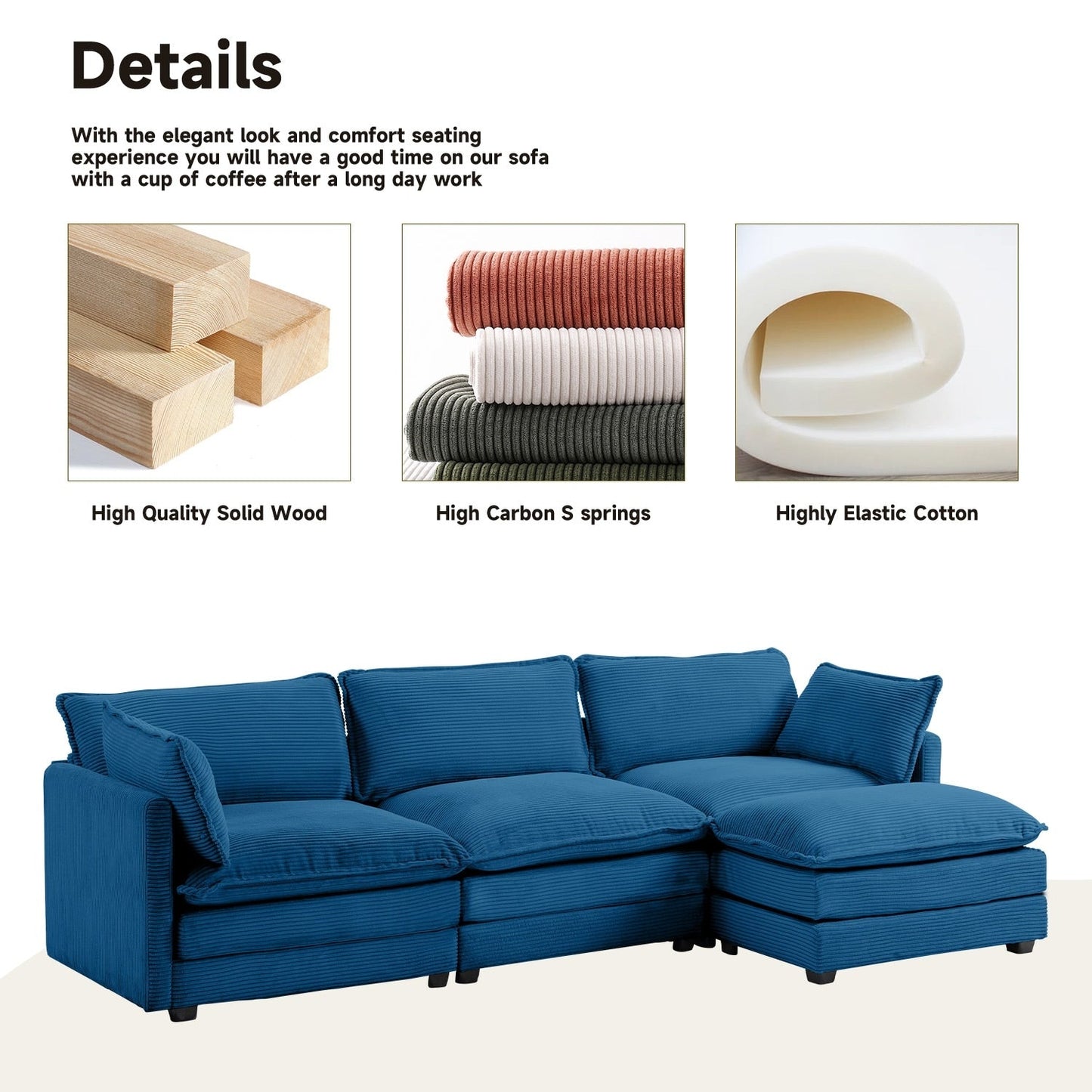 Canapé sectionnel en velours côtelé avec poufs amovibles et coussins ultra-doux pour salon et chambre