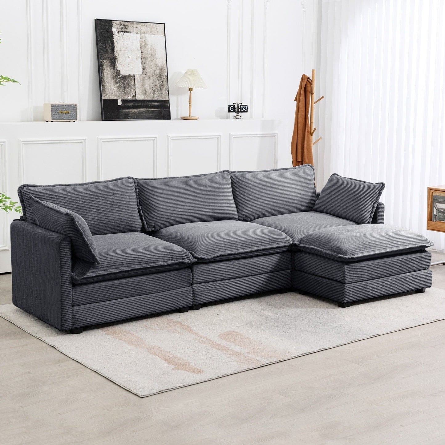 Canapé sectionnel en velours côtelé avec poufs amovibles et coussins ultra-doux pour salon et chambre