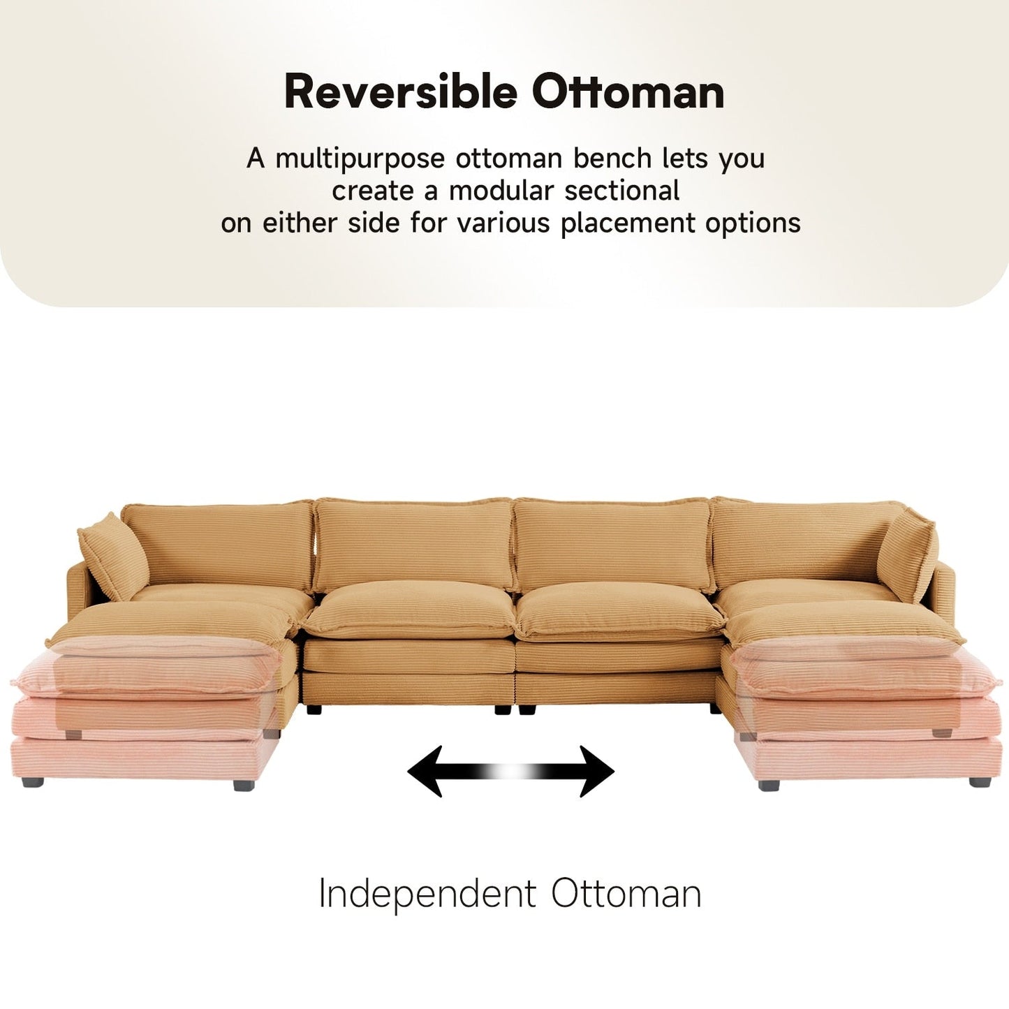 Canapé sectionnel en velours côtelé avec poufs amovibles et coussins ultra-doux pour salon et chambre