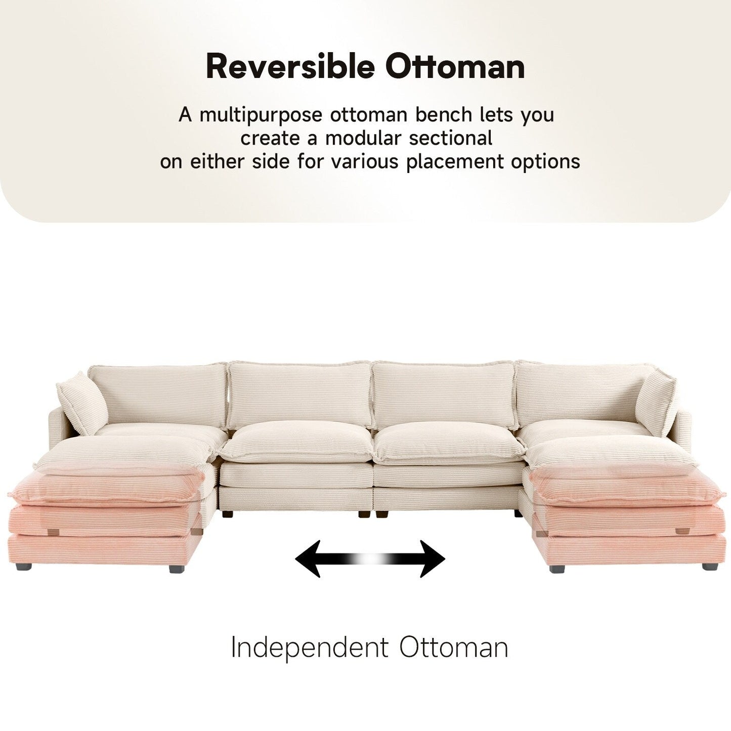 Canapé sectionnel en velours côtelé avec poufs amovibles et coussins ultra-doux pour salon et chambre