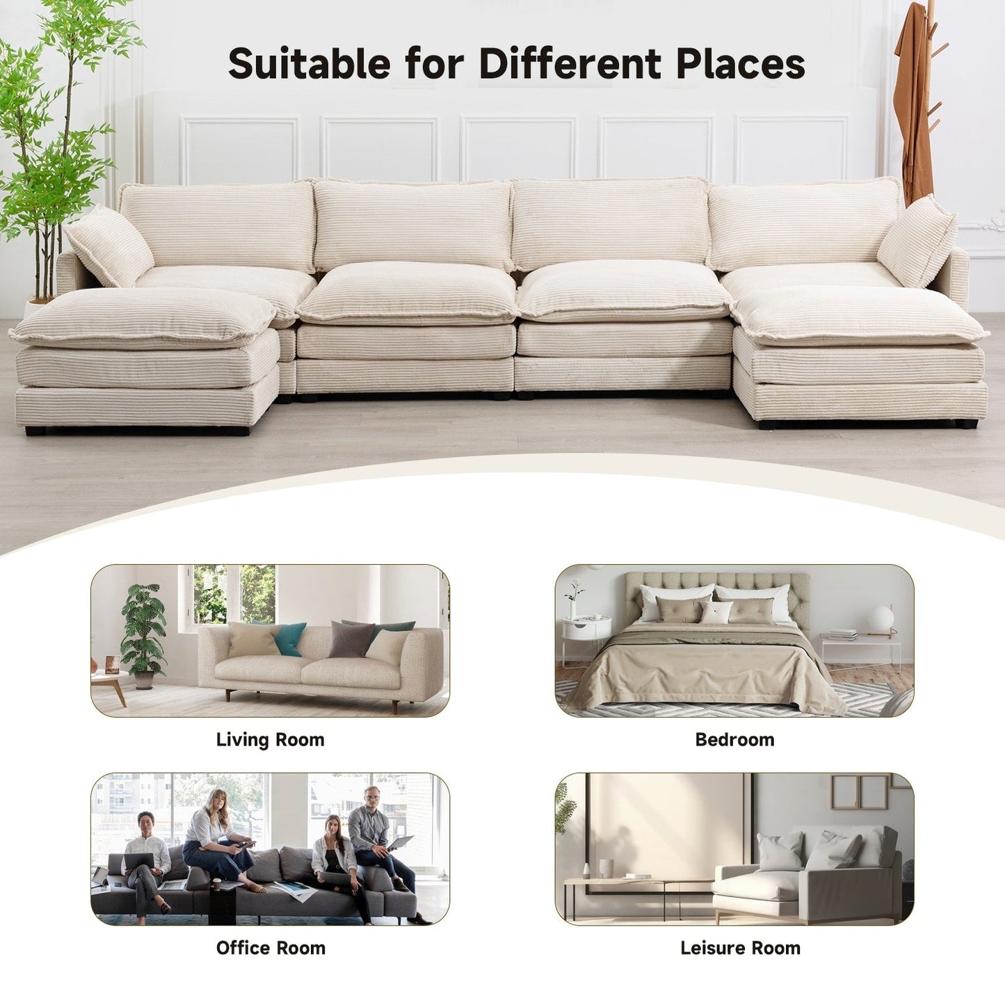 Canapé sectionnel en velours côtelé avec poufs amovibles et coussins ultra-doux pour salon et chambre