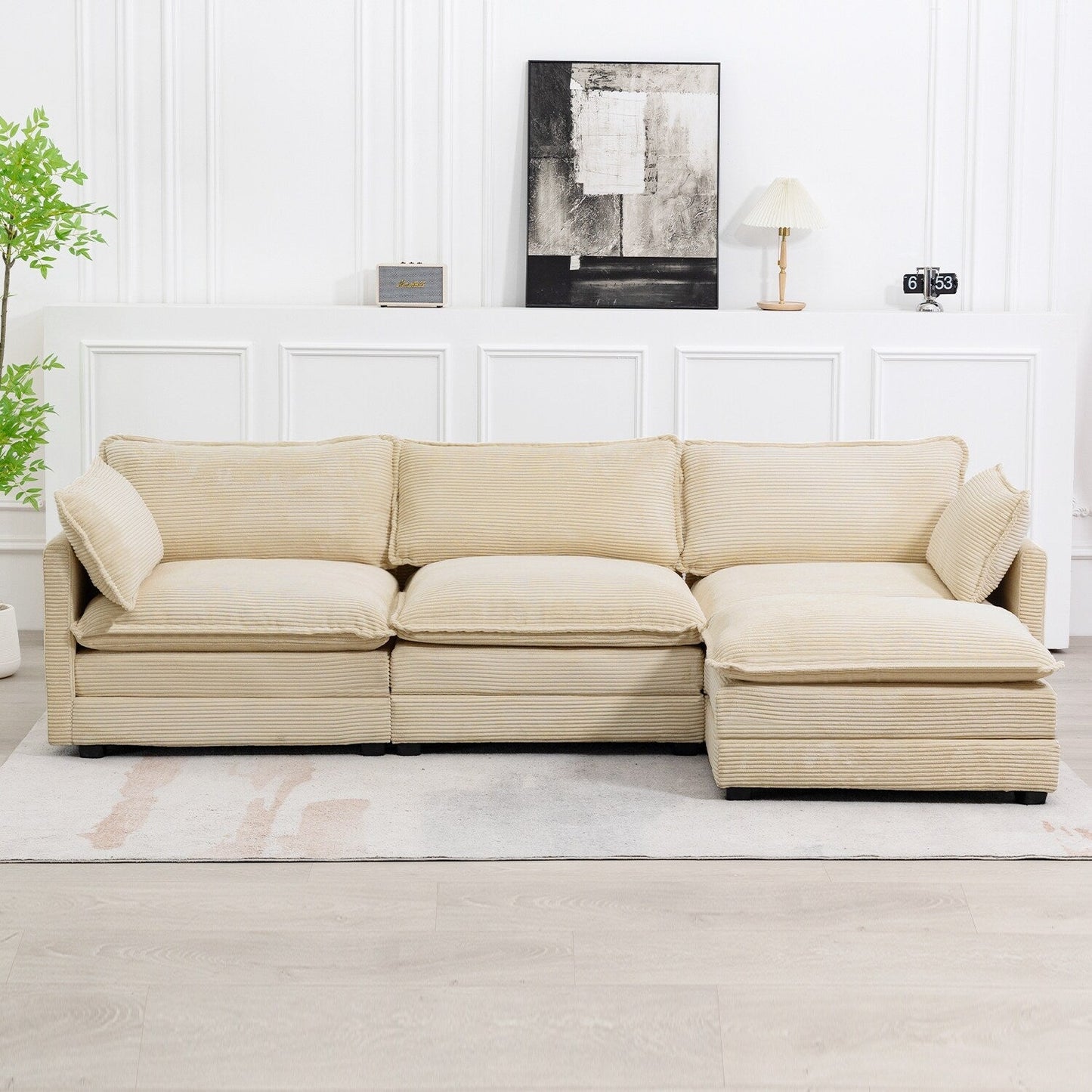 Canapé sectionnel en velours côtelé avec poufs amovibles et coussins ultra-doux pour salon et chambre