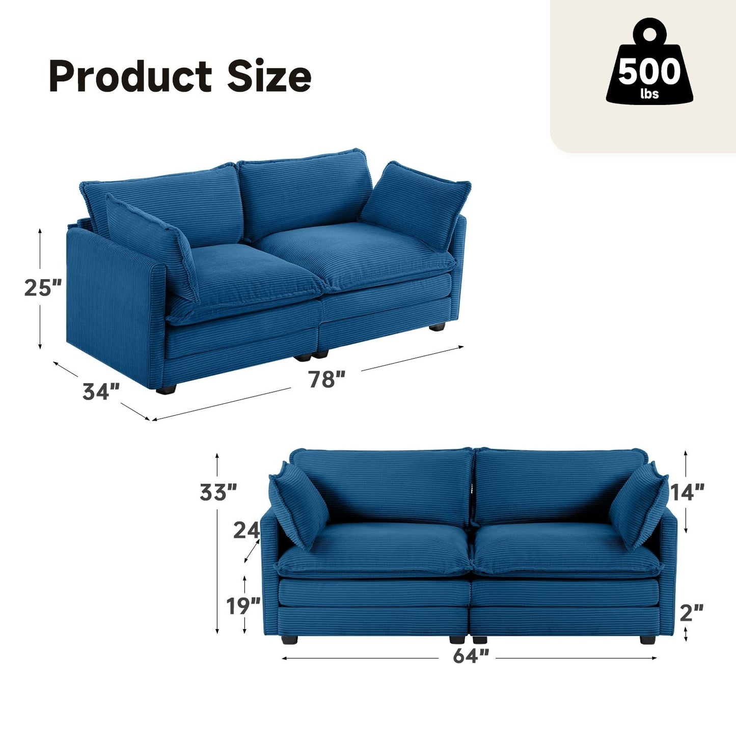 Canapé sectionnel en velours côtelé avec poufs amovibles et coussins ultra-doux pour salon et chambre