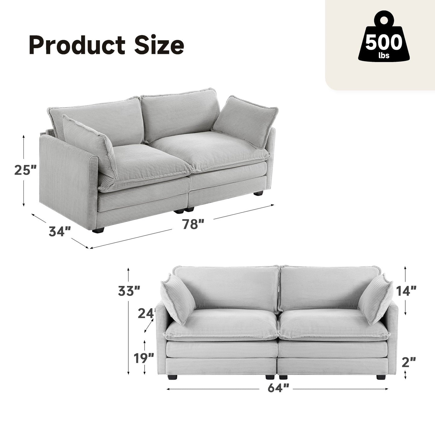 Canapé sectionnel en velours côtelé avec poufs amovibles et coussins ultra-doux pour salon et chambre