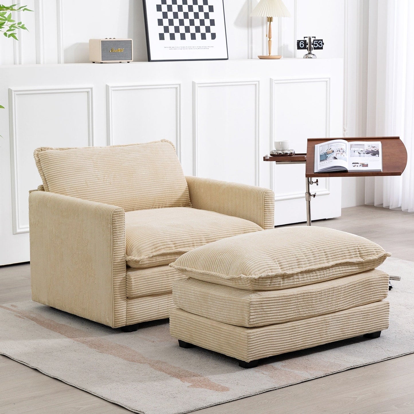 Canapé sectionnel en velours côtelé avec poufs amovibles et coussins ultra-doux pour salon et chambre