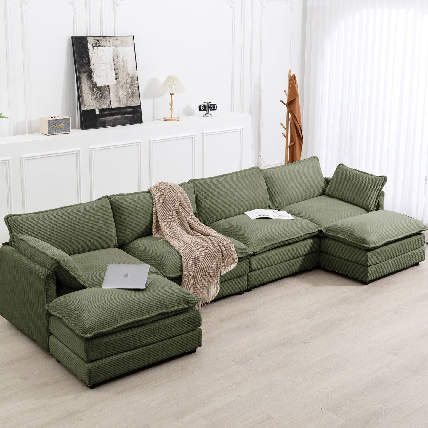 Canapé sectionnel en velours côtelé avec poufs amovibles et coussins ultra-doux pour salon et chambre