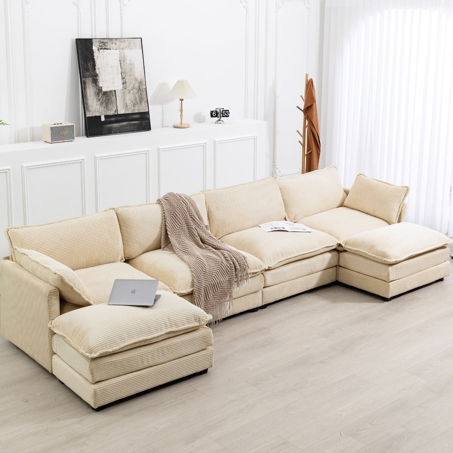 Canapé sectionnel en velours côtelé avec poufs amovibles et coussins ultra-doux pour salon et chambre