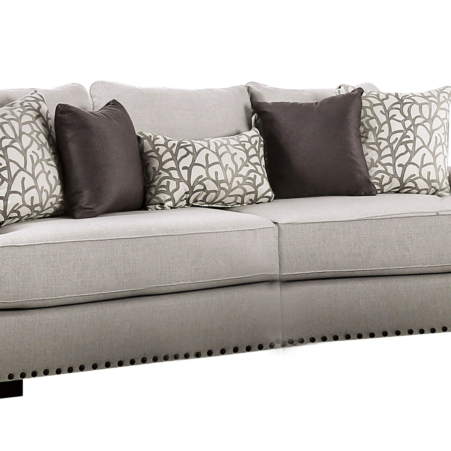 Canapé Coty, 255 cm, gris clair, 5 coussins décoratifs, coussin d'assise en T