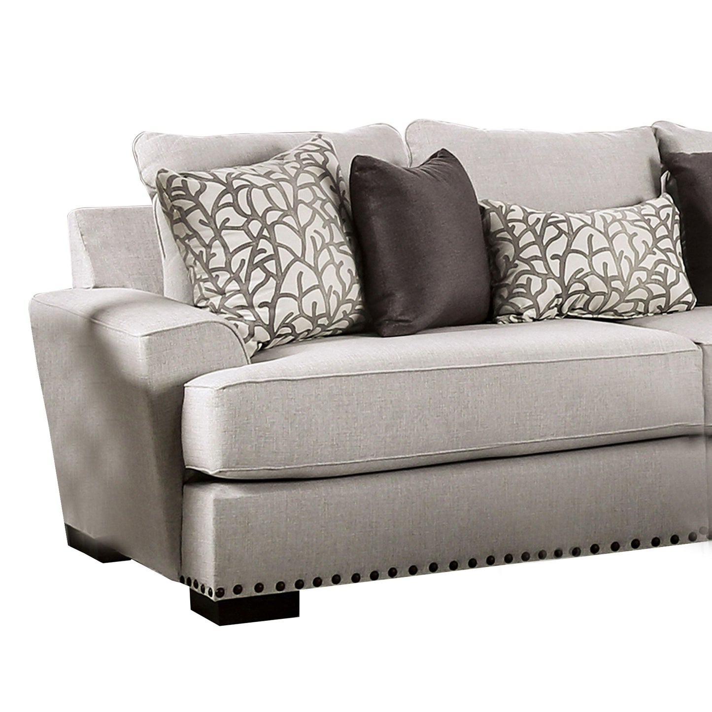 Canapé Coty, 255 cm, gris clair, 5 coussins décoratifs, coussin d'assise en T