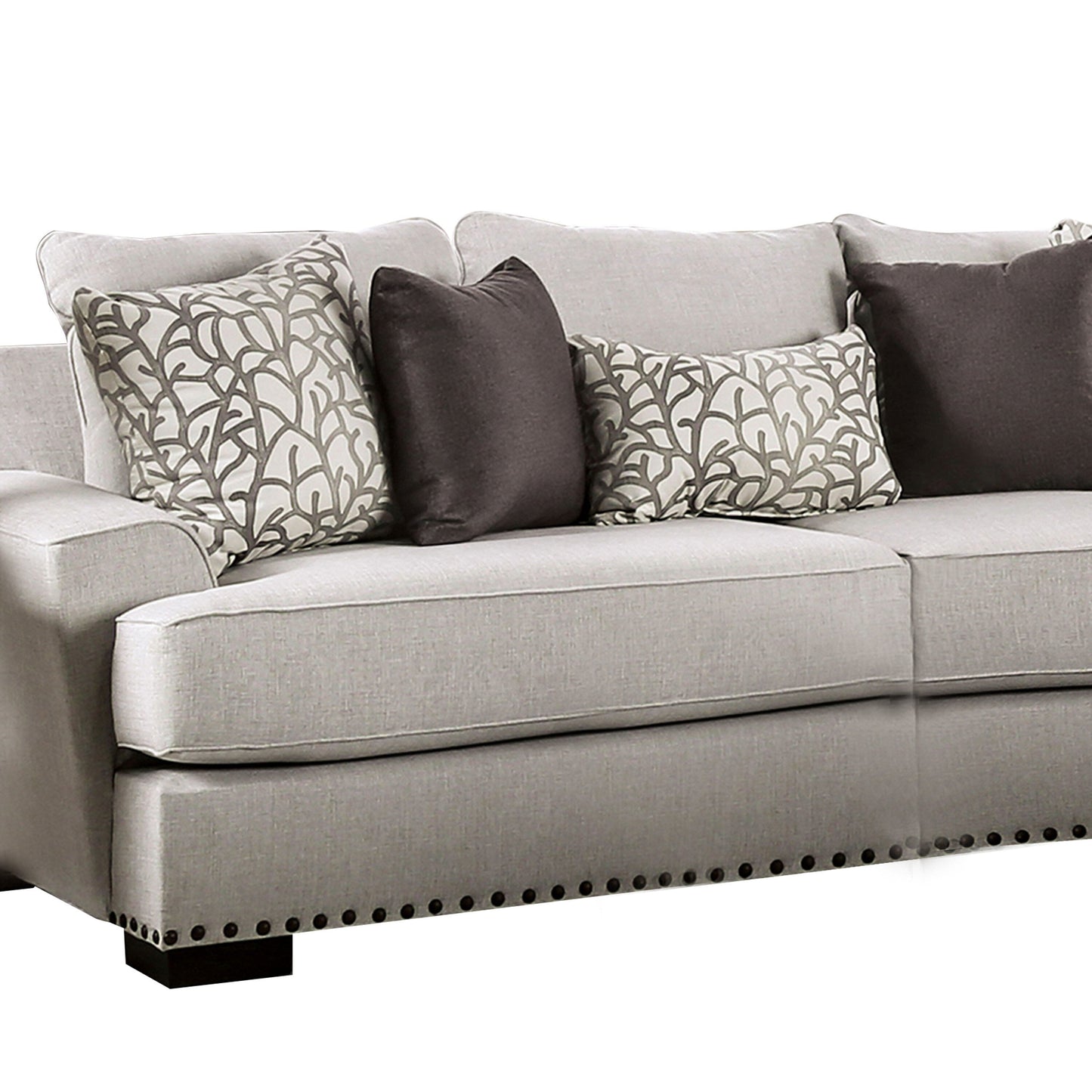Canapé Coty, 255 cm, gris clair, 5 coussins décoratifs, coussin d'assise en T