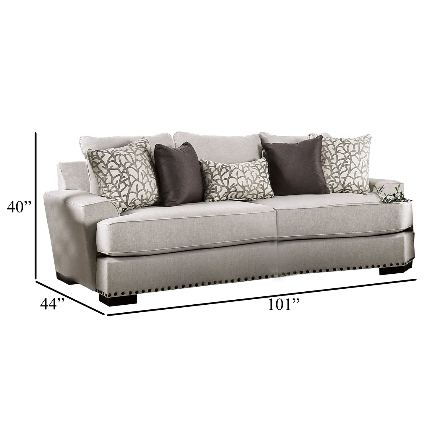 Canapé Coty, 255 cm, gris clair, 5 coussins décoratifs, coussin d'assise en T