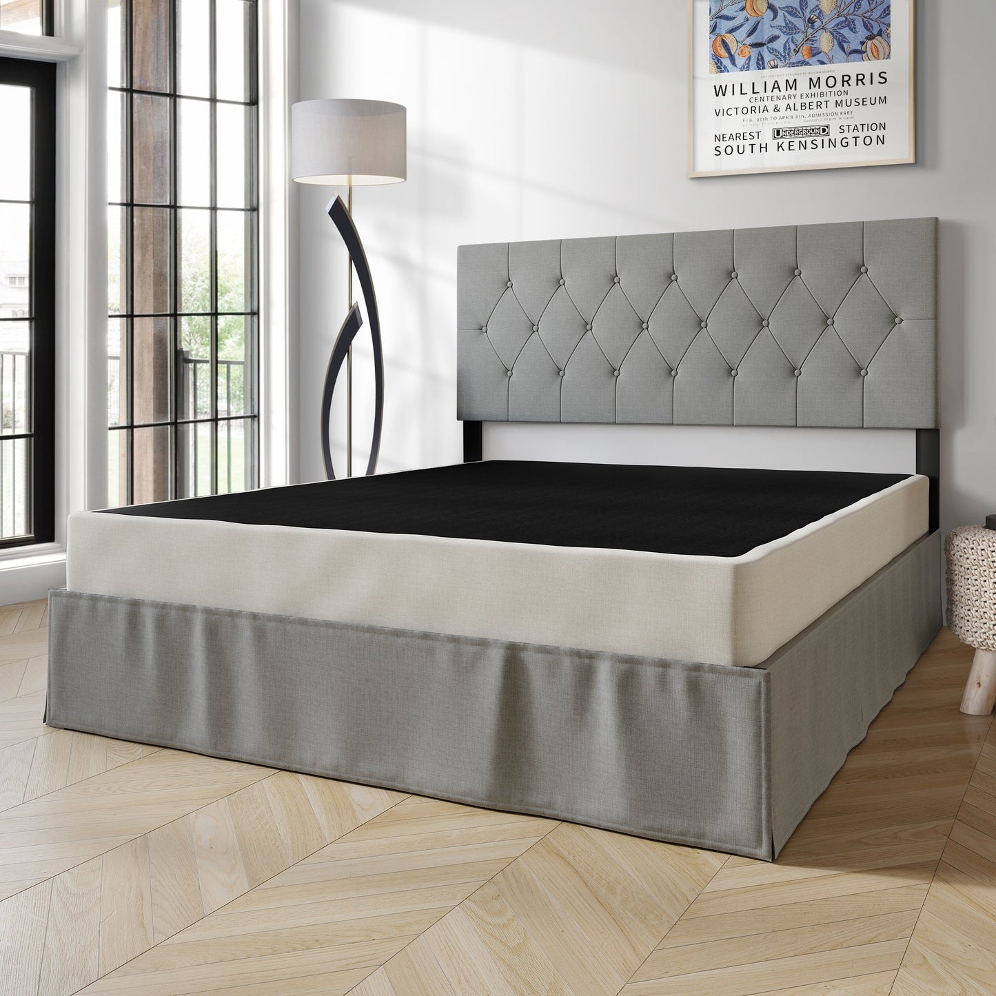 CraftPorch Solid Wood 5-Inch Box Spring Foundation with Wood Slats with Warm Grey Linen Cover